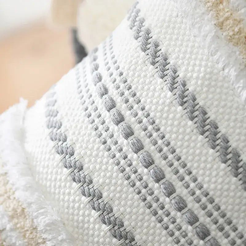White and gray textured decorbites boho geometric tufted cushion cover with woven bead-like patterns for living room decor