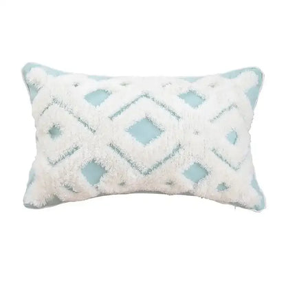 Rectangular boho geometric tufted cushion cover with light blue base and white fluffy patterns for living room decorbites decor