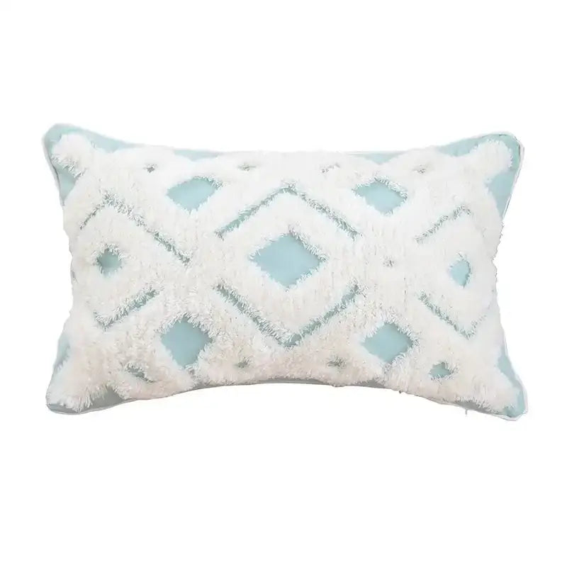 Rectangular boho geometric tufted cushion cover with light blue base and white fluffy patterns for living room decorbites decor