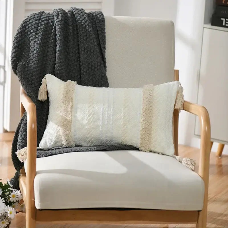 Cream cushion cover with textured woven fabric and tassels for decorbites boho geometric tufted living room pillow