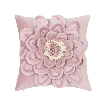 Plush pink velvet cushion cover with boho geometric tufted layered flower design and cream textured center by decorbites
