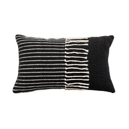 Black and white woven cushion cover with textured knit pattern and tassels for decorbites boho geometric tufted decor