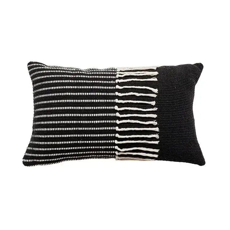 Black and white woven cushion cover with textured knit pattern and tassels for decorbites boho geometric tufted decor