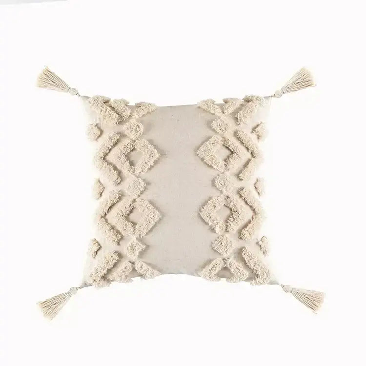 Cream-colored decorbites boho geometric tufted cushion cover with textured pattern and tassels for living room decor