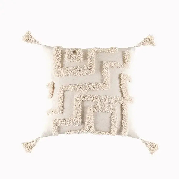 Cream-colored boho geometric tufted cushion cover with textured pattern and tassels for living room decorbites decor
