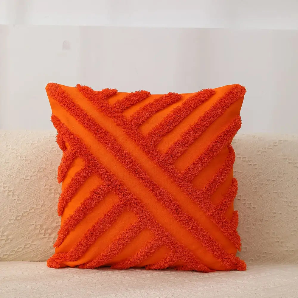 Vibrant orange throw pillow with textured fringed boho geometric tufted cushion cover for living room decorbites decor