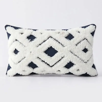 Rectangular decorbites boho geometric tufted cushion cover in cream and gray with plush white and navy blue diamond pattern
