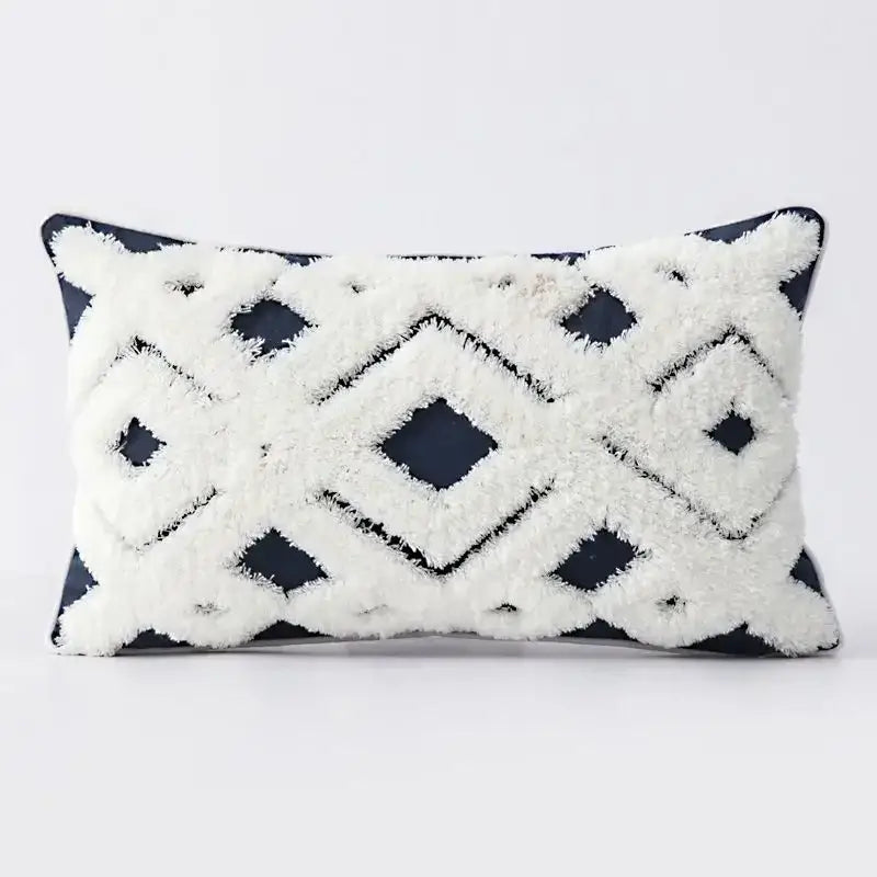 Rectangular decorbites boho geometric tufted cushion cover in cream and gray with plush white and navy blue diamond pattern