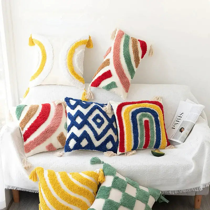 Colorful decorbites boho geometric tufted cushion cover with tassels and vibrant textured patterns for living room decor