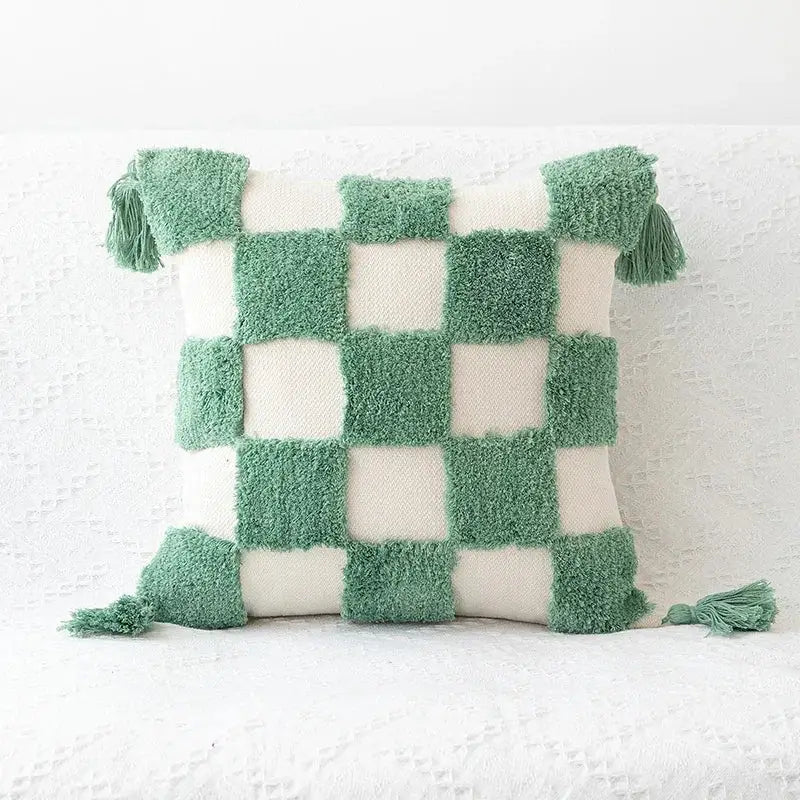 Cozy green and white checkered decorbites boho geometric tufted cushion cover with fluffy tassels for living room decor
