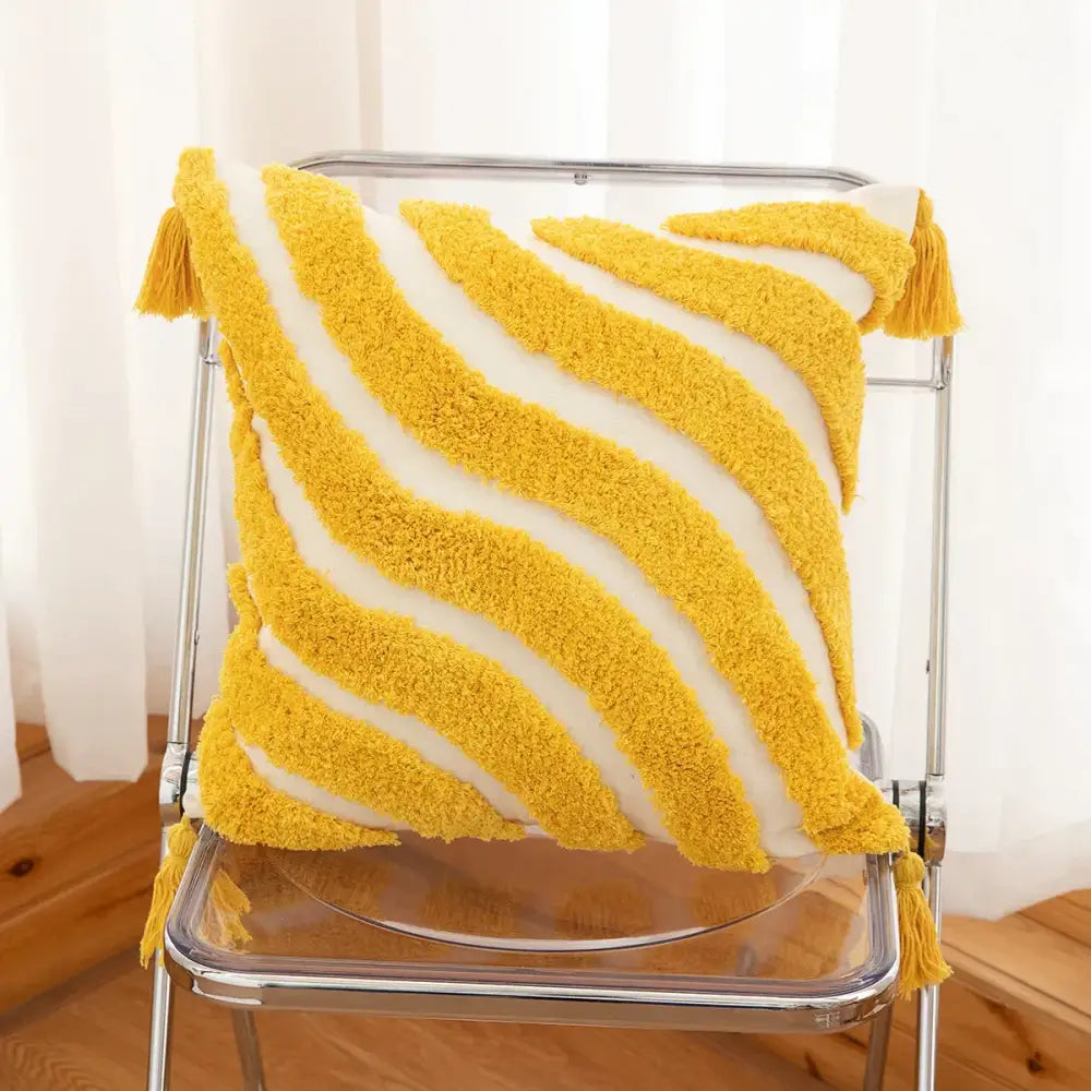 Cozy mustard-yellow and white striped boho geometric tufted cushion cover with fluffy tassels for living room decorbites decor