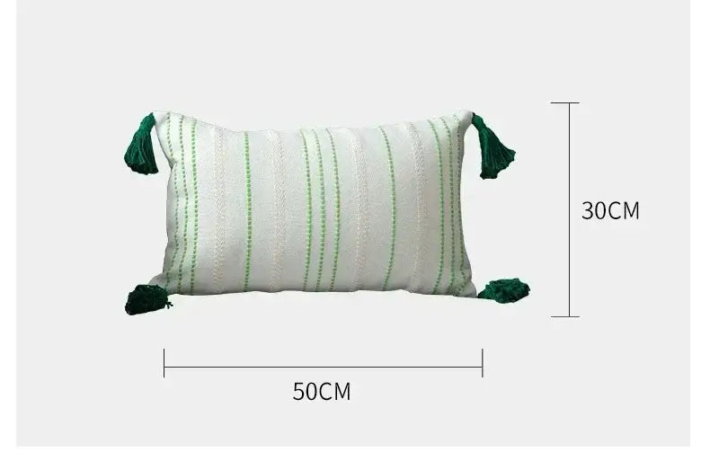 Boho geometric tufted pillow cover with vertical light green stripes on white fabric and dark green tassels for living room decorbites cushion cover set of 4