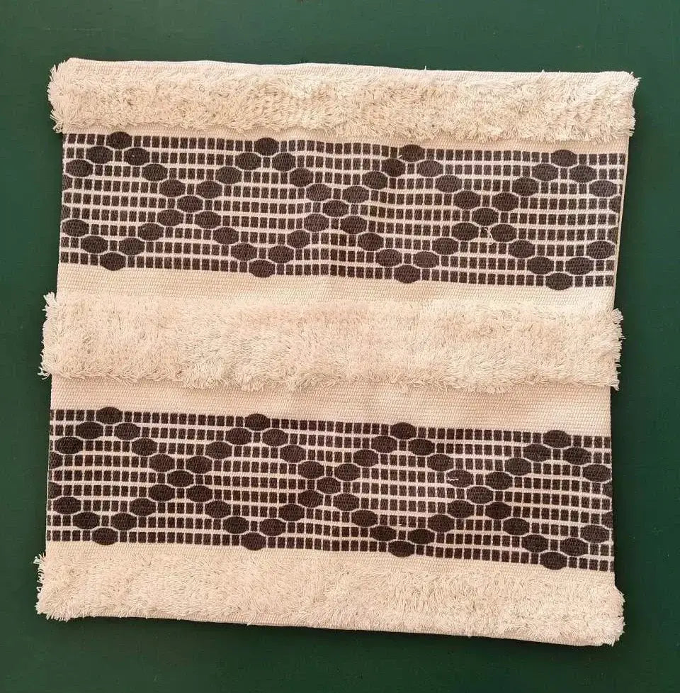 Beige boho geometric tufted pillow cover with frayed edges and dark brown patterned stripes for living room decorbites set of 4