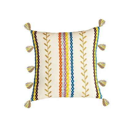 Cream-colored boho geometric tufted pillow cover with gold orange purple blue stripes and tassels for living room decorbites set