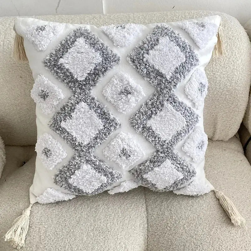 Boho geometric tufted pillow cover with white and gray pattern and textured fluffy tassels for living room decorbites set of 4