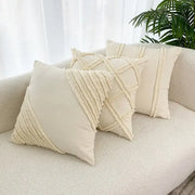 Cream-colored cushion cover with textured woven fringe boho geometry fringed decorbites living room pillow