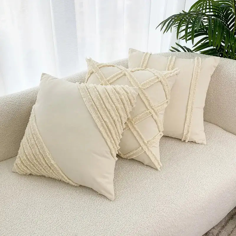 Cream-colored cushion cover with textured woven fringe boho geometry fringed decorbites living room pillow