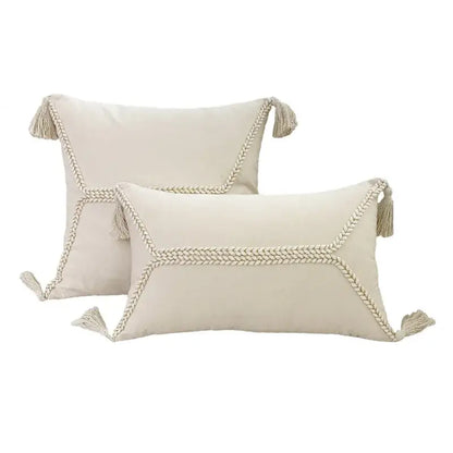Cream-colored boho geometry fringed cushion cover with braided rope trim and tassels for living room decorbites pillow