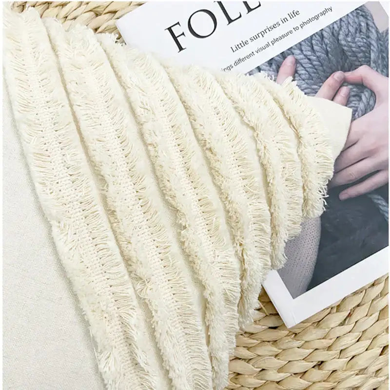Cream-colored frayed-edge woven fabric trim on decorbites boho geometry fringed cushion cover for living room decor