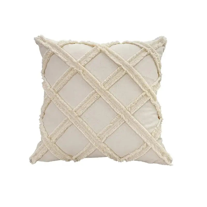 Cream-colored cushion cover with textured frayed lattice pattern boho geometry fringed decorbites living room pillow