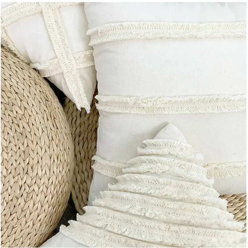 White rectangular cushion cover with textured cream frayed horizontal bands decorbites boho geometry fringed design