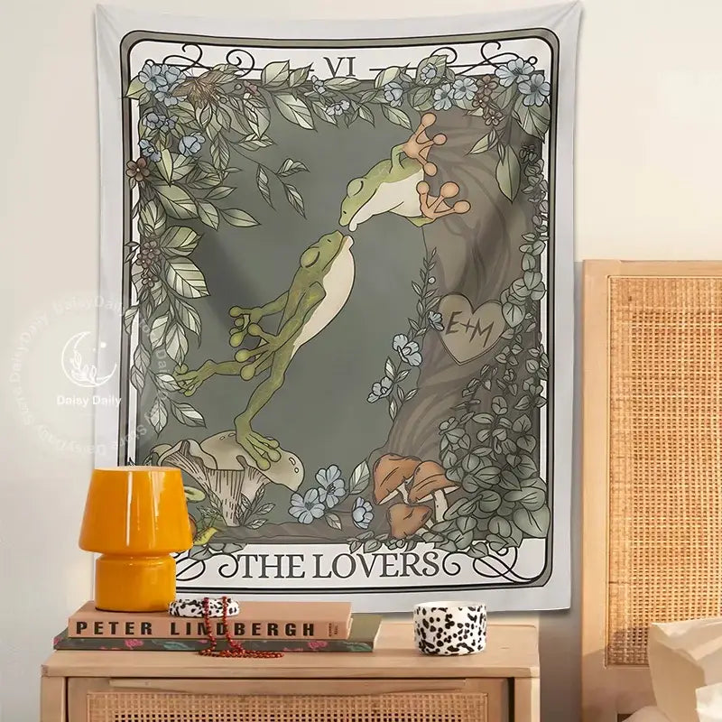 Boho gray frog lover tarot tapestry wall hanging decorbites frog lover with kissing frogs floral design and ornate border