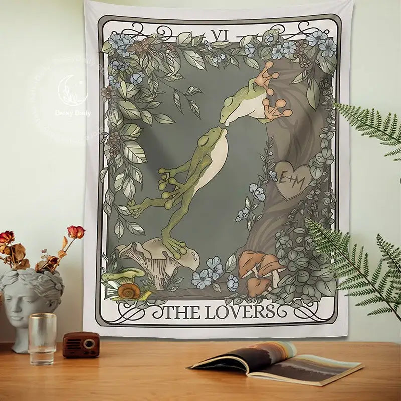 Boho gray frog lover tarot tapestry bedroom wall hanging featuring two green frogs in a romantic pose decorbites frog lover
