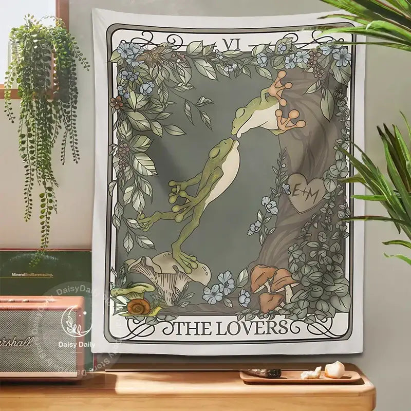 Boho gray frog lover tarot tapestry featuring two green frogs kissing with foliage and the lovers text for decorbites decor