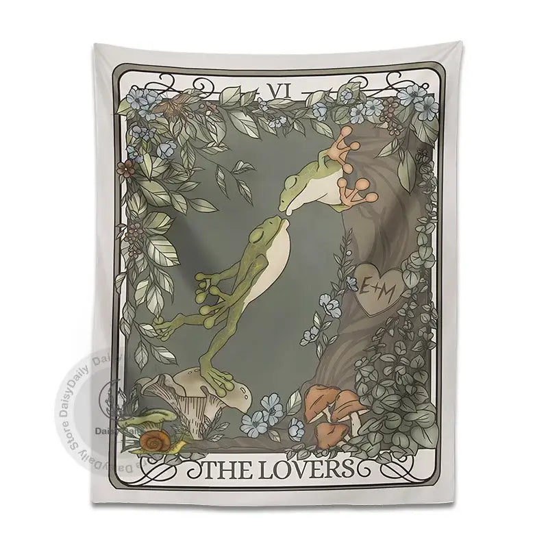 A soft gray boho lover tarot tapestry featuring two green frogs kissing amid foliage and mushrooms for decorbites frog lover wall decor