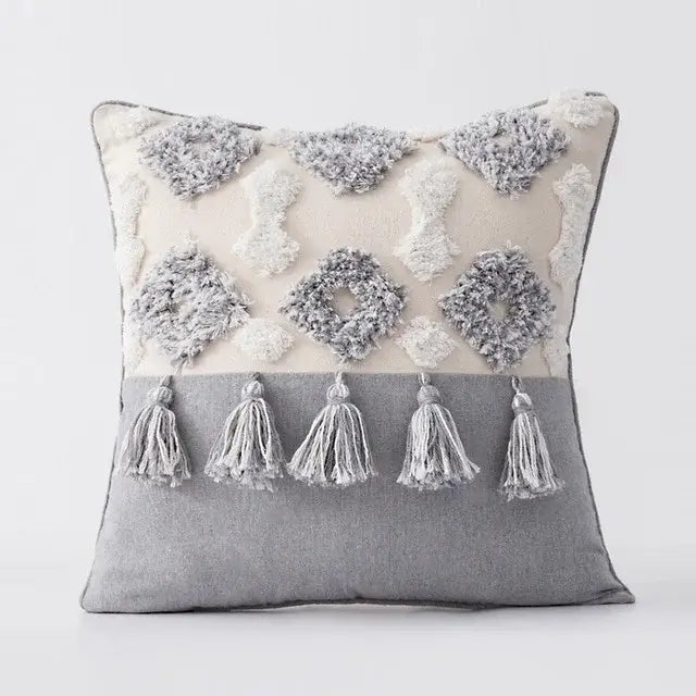 Boho morocco tufted square cushion cover in beige gray with embroidered patterns and tassels for living room decorbites boho morocco
