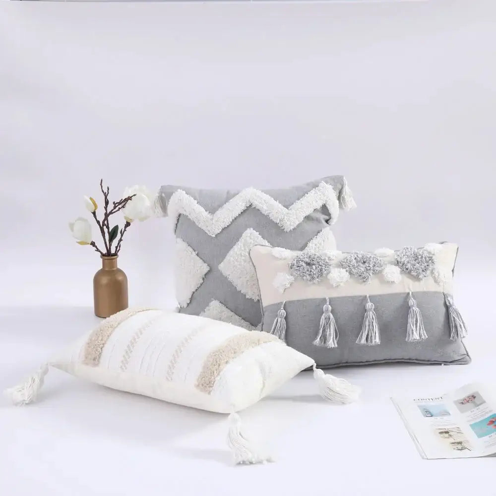Boho morocco tufted gray and white cushion cover with textured fabric and tassel accents for living room decorbites decor