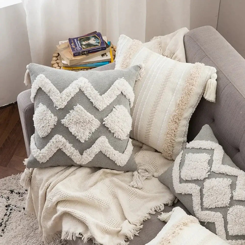 Boho gray and white tufted cushion cover with geometric pattern and fringe tassel decor for living room by decorbites boho morocco