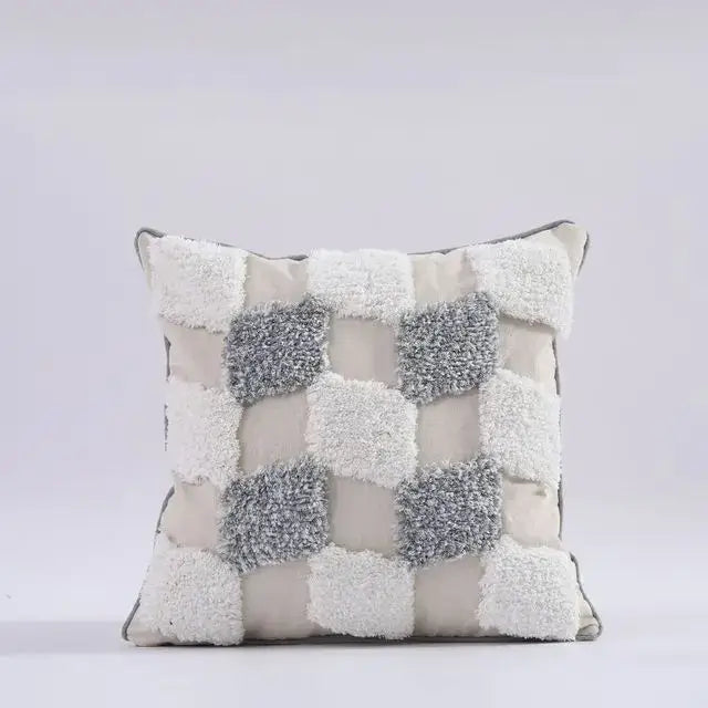 Boho morocco tufted cushion cover with gray and white textured patchwork squares for living room decorbites boho morocco decor
