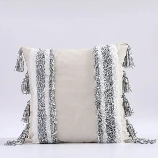 Cream-colored cushion cover with gray and white woven stripes and tassels for boho morocco tufted decorbites boho morocco