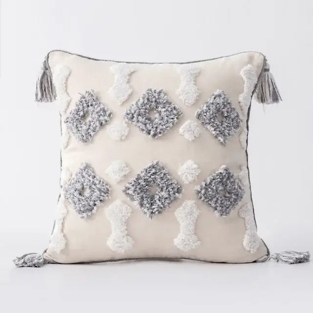 Cream-colored boho morocco tufted cushion cover with gray white diamond patterns and tassels for living room decorbites decor