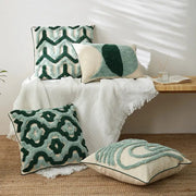 Set of four boho green and cream cushion covers with chunky tufted geometric patterns for living room decorbites blue tufted decor