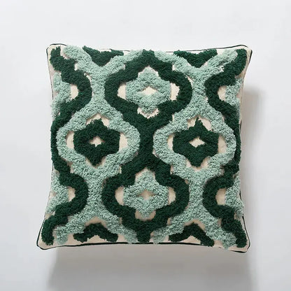 Square cushion cover with plush dark green and light teal tufted geometric pattern on off-white for living room decorbites blue tufted decor