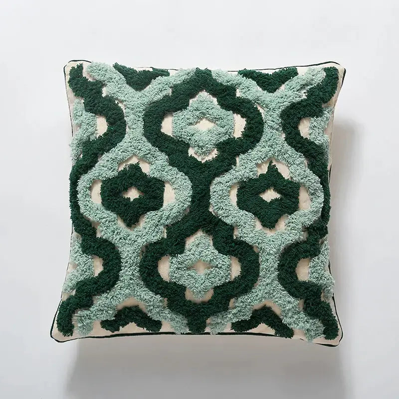 Square cushion cover with plush dark green and light teal tufted geometric pattern on off-white for living room decorbites blue tufted decor