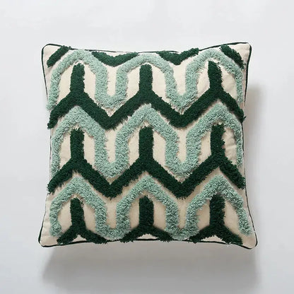 Square cushion cover with dark green and light teal tufted chevron pattern for boho green cream decorbites blue tufted decor