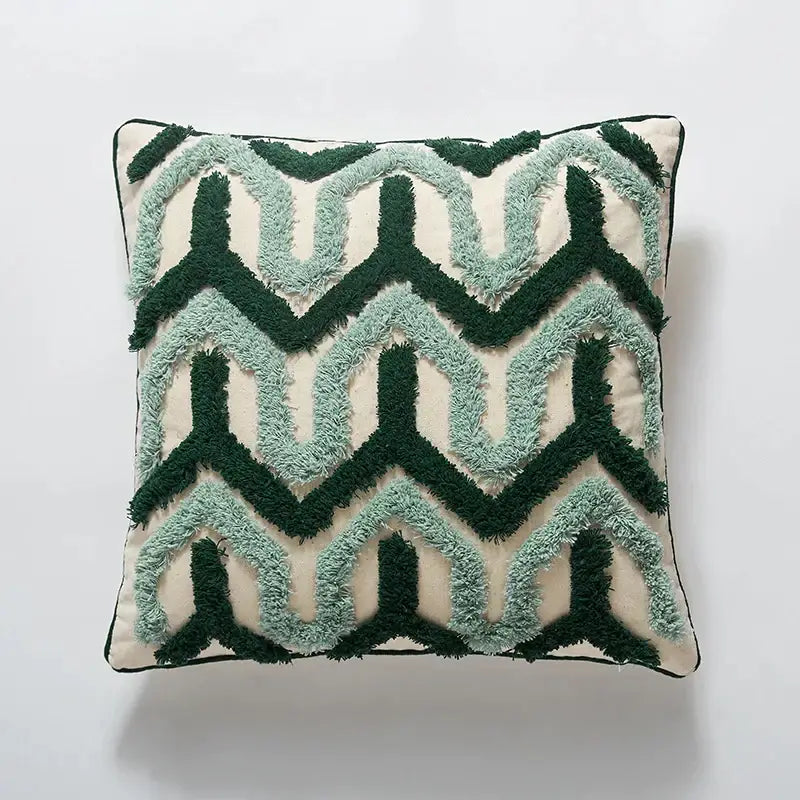 Square cushion cover with dark green and light teal tufted chevron pattern for boho green cream decorbites blue tufted decor