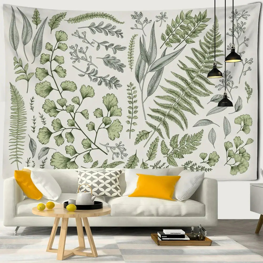Bohob green and gray botanical tapestry wall hanging with illustrated leaves on cream background decorbites botanical tapestry