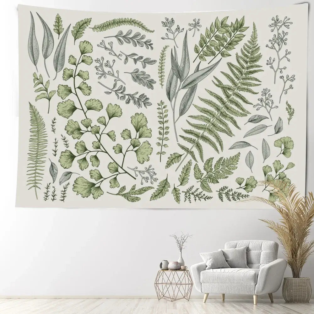 Boho green and gray botanical tapestry wall hanging features intricate leaves on a cream background for decorbites botanical tapestry wall decor