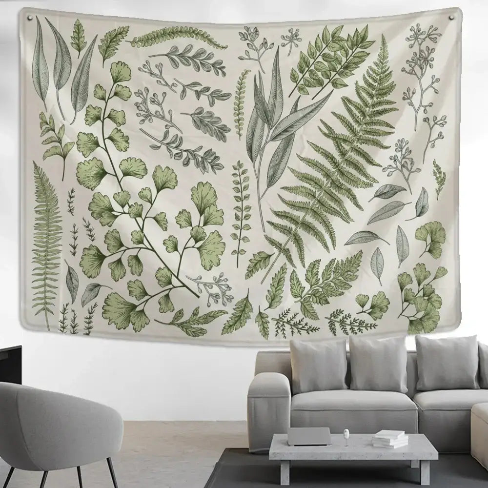 Beige decorbites botanical tapestry wall hanging with intricate green and gray leaves for bedroom decor
