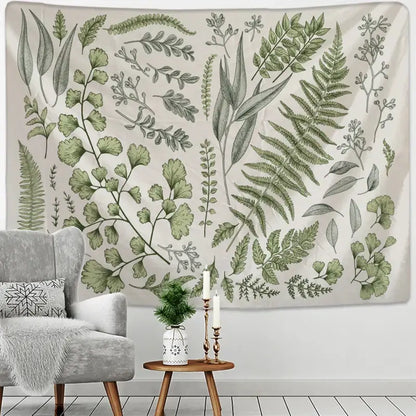 Bohobites botanical tapestry wall hanging features green and gray botanical leaf pattern for bedroom decor