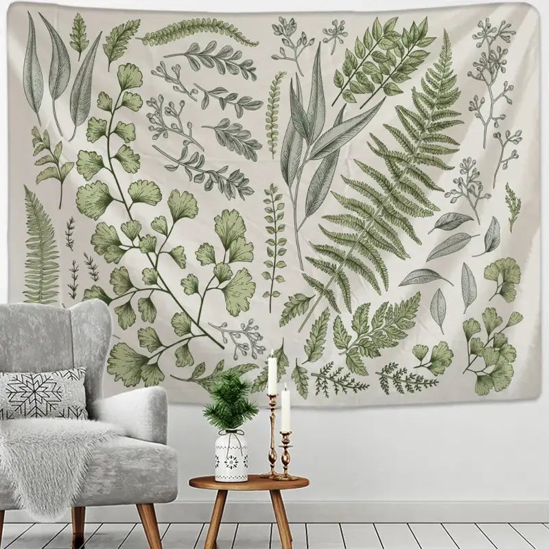 Bohobites botanical tapestry wall hanging features green and gray botanical leaf pattern for bedroom decor