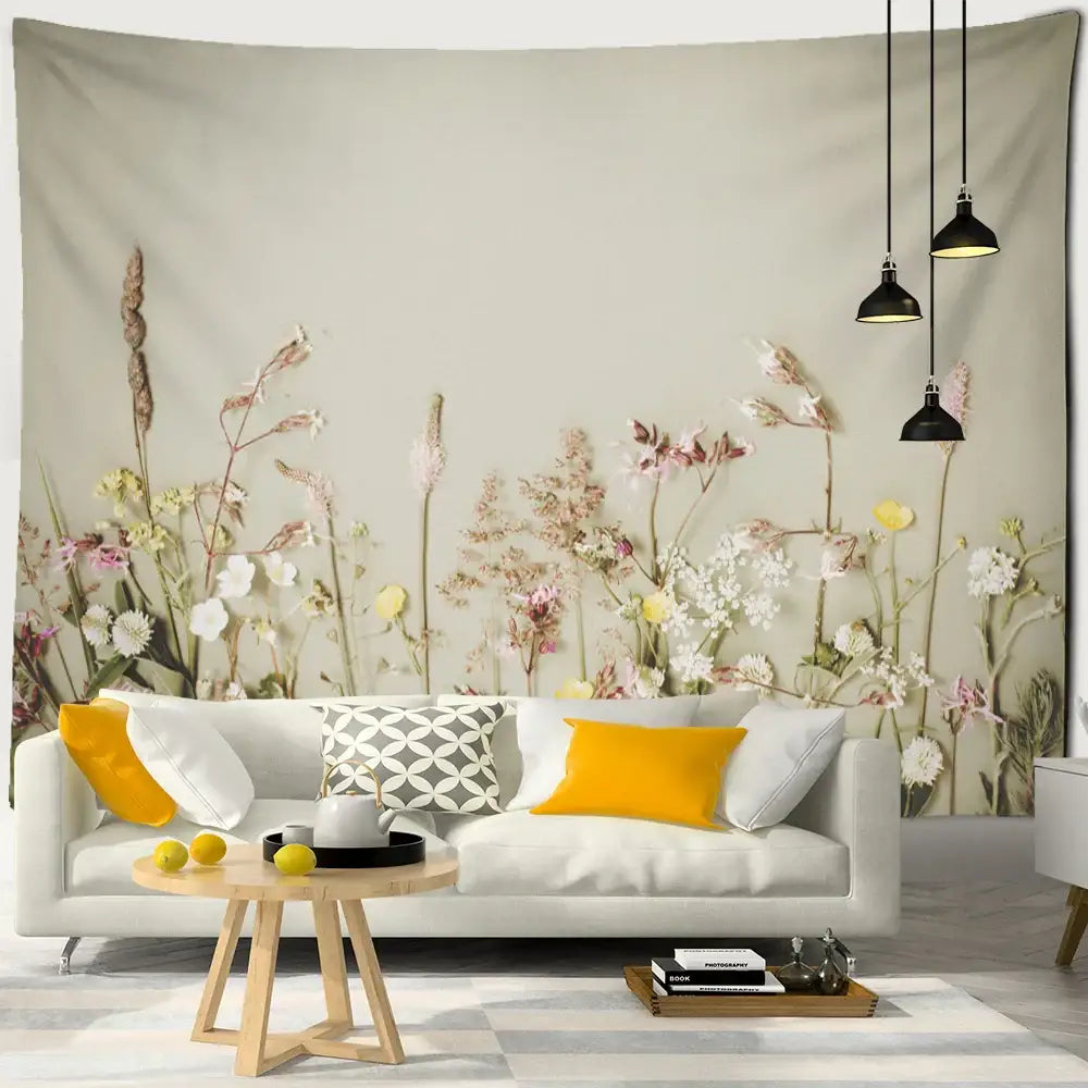 Beige decorbites boho green leaf tapestry featuring soft pink wildflowers and tall grasses for bedroom wall decor