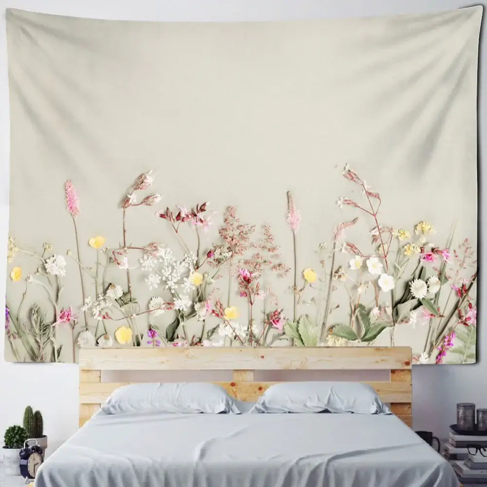 Beige floral tapestry with pink white and yellow blossoms on cream background boho green leaf wall decorbites decor