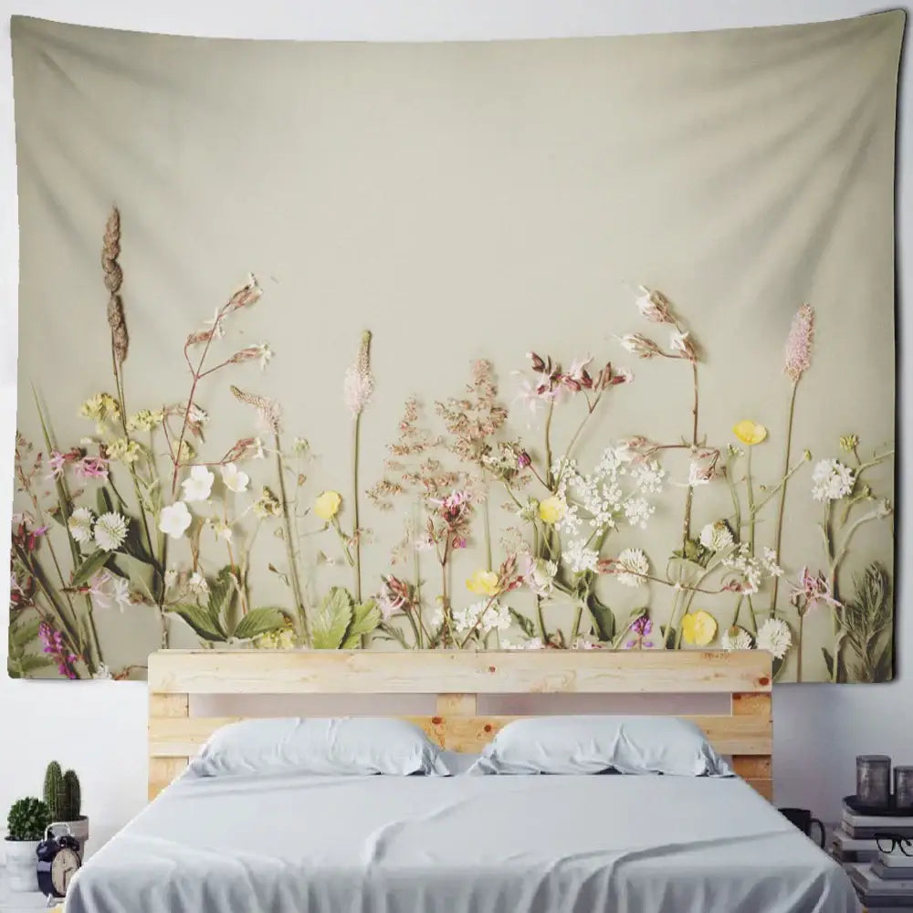 A boho green leaf tapestry bedroom wall hanging decorbites boho green soft beige wildflower print decor