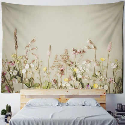 A soft beige boho green leaf tapestry with pastel wildflowers print for bedroom wall hanging decorbites boho green leaf