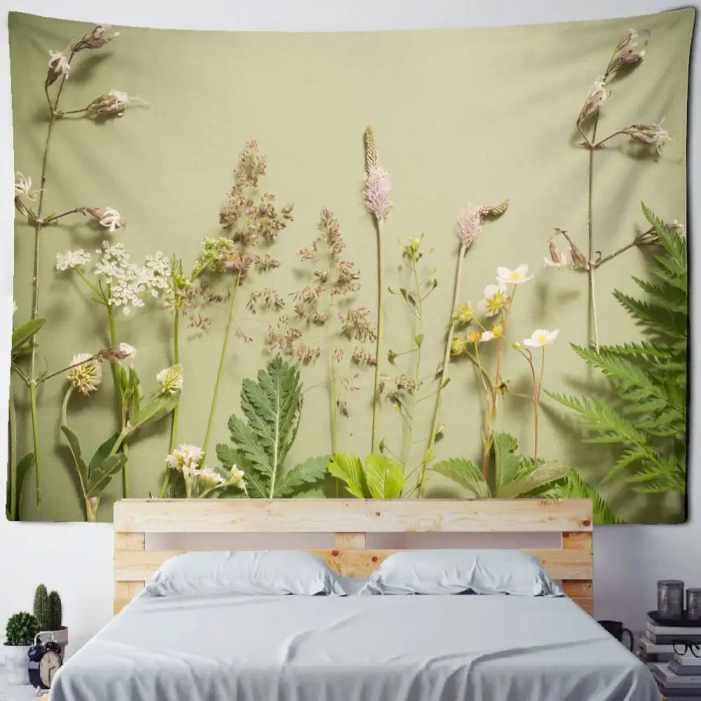 A soft olive green boho green leaf wall tapestry featuring detailed botanical wildflowers and fern decorbites boho green leaf